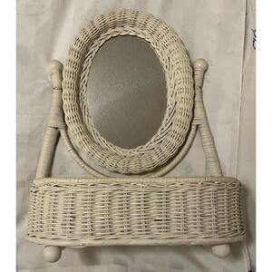 Vintage 1980's Wicker Vanity Mirror Caddy Basket Boho Bohemian Chic  14" Tall
